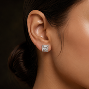 Model Wearing Princess Cut VVS Moissanite Halo Stud Earrings