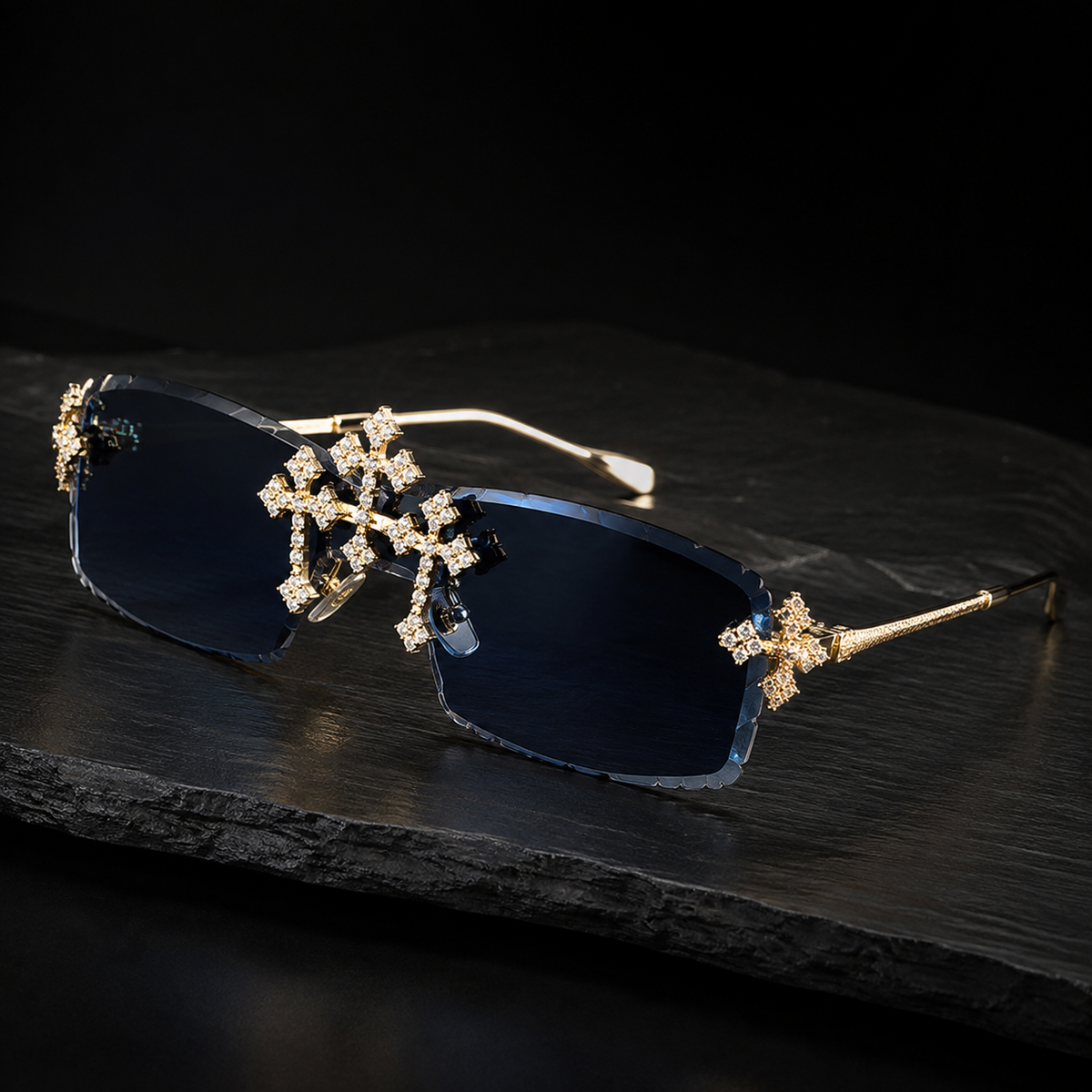 Moissanite Cross Rimless Hip Hop Sunglasses Side Angle View