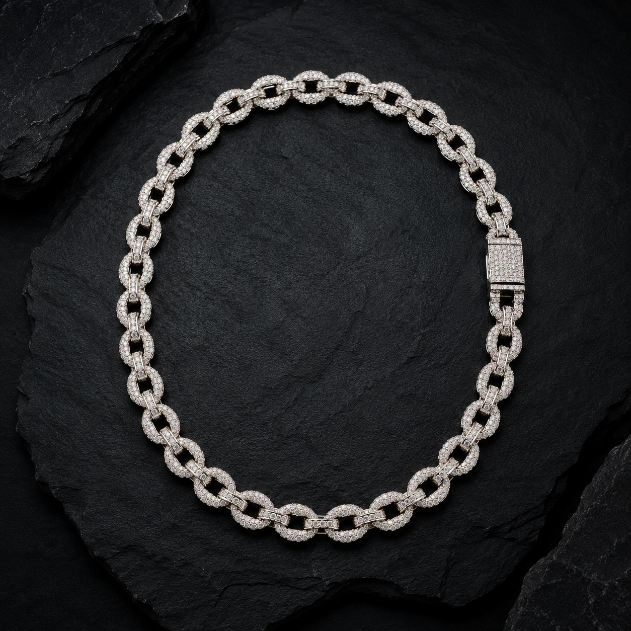 Moissanite Infinity Link Chain in 925 Sterling Silver on Black Slate