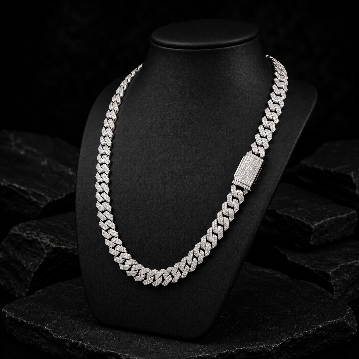 Silver Iced Out Moissanite Cuban Link Chain Side View