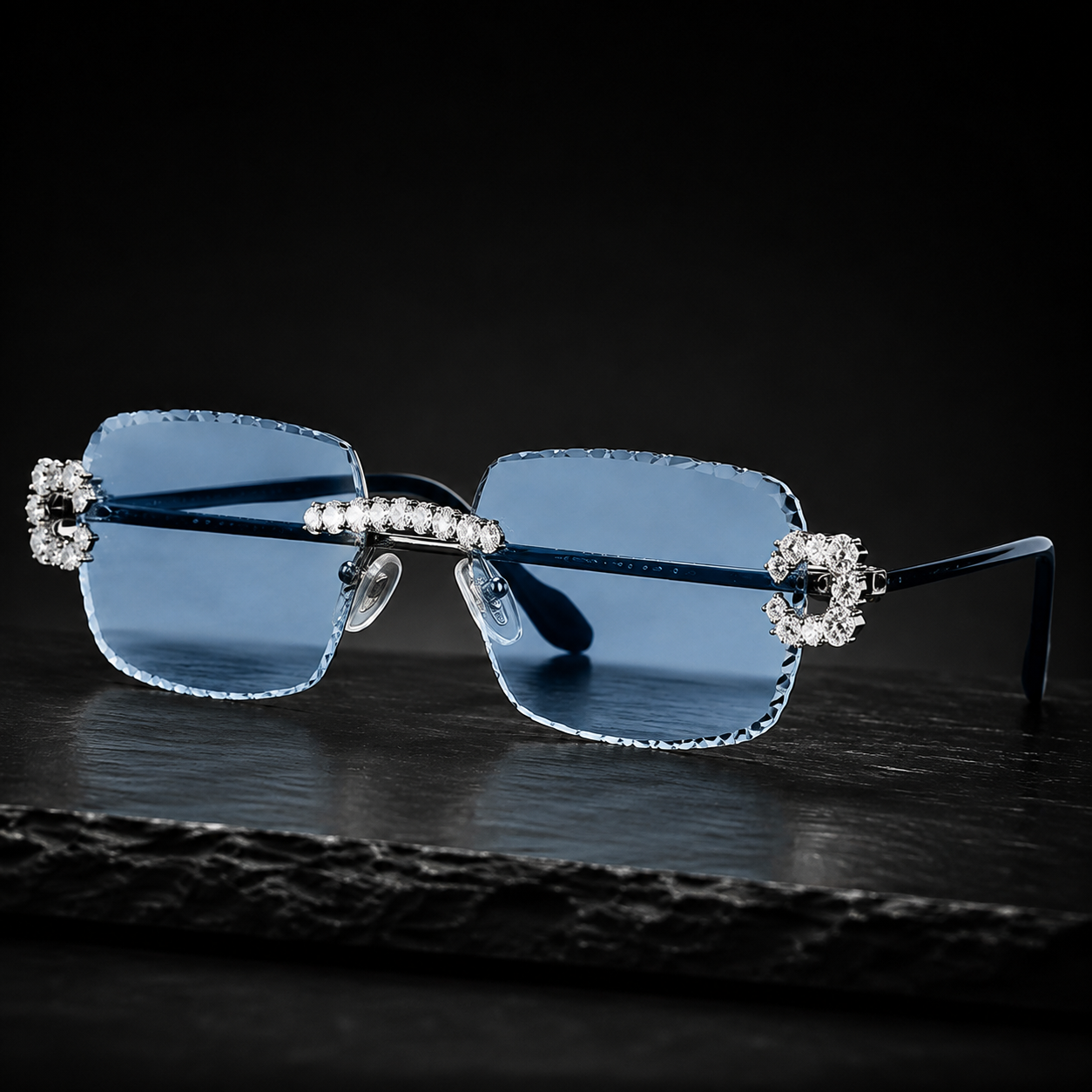 Silver Iced Out Rimless Sunglasses with Blue Lenses Side Angle