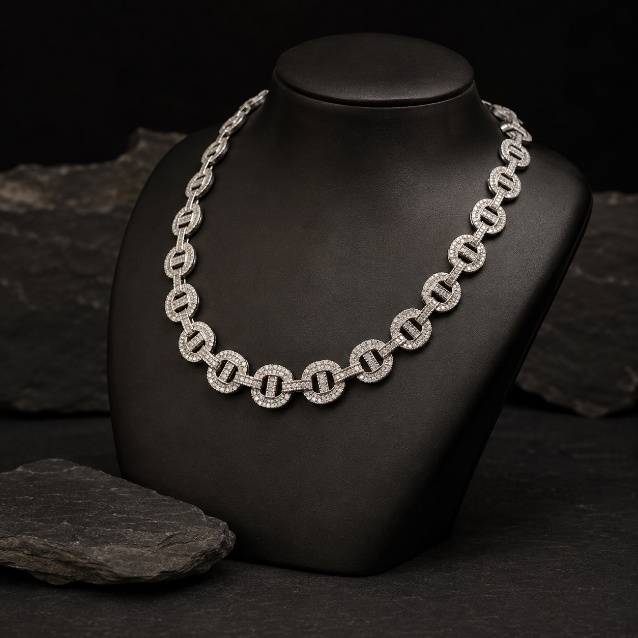 Silver Iced Out Round Link Chain Side Angle View