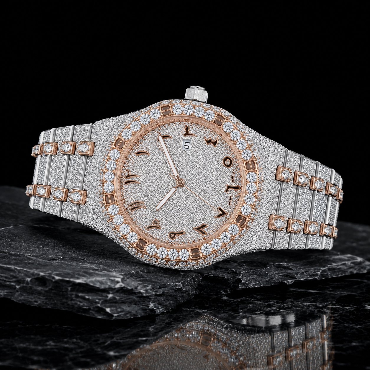 Two Tone Moissanite Arabic Dial Iced Out Watch Side Angle View