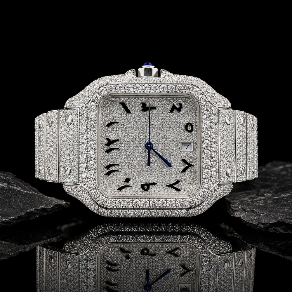 VVS Moissanite Arabic Dial Iced Out Stainless Steel Watch Front View