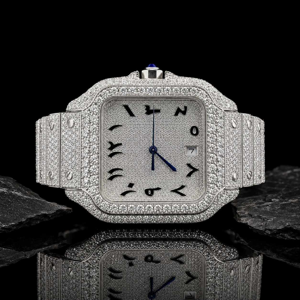 VVS Moissanite Arabic Dial Iced Out Stainless Steel Watch Front View