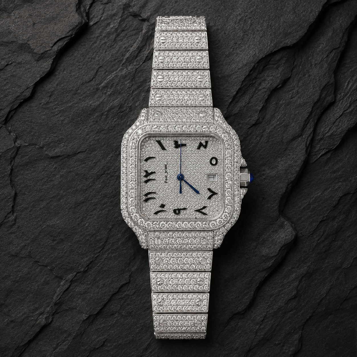 VVS Moissanite Arabic Dial Stainless Steel Watch on Black Slate