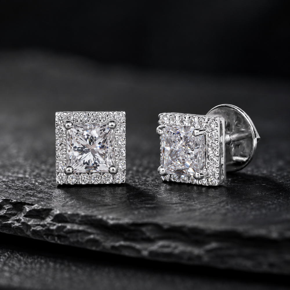 VVS Princess Cut Moissanite Halo Stud Earrings in 925 Sterling Silver