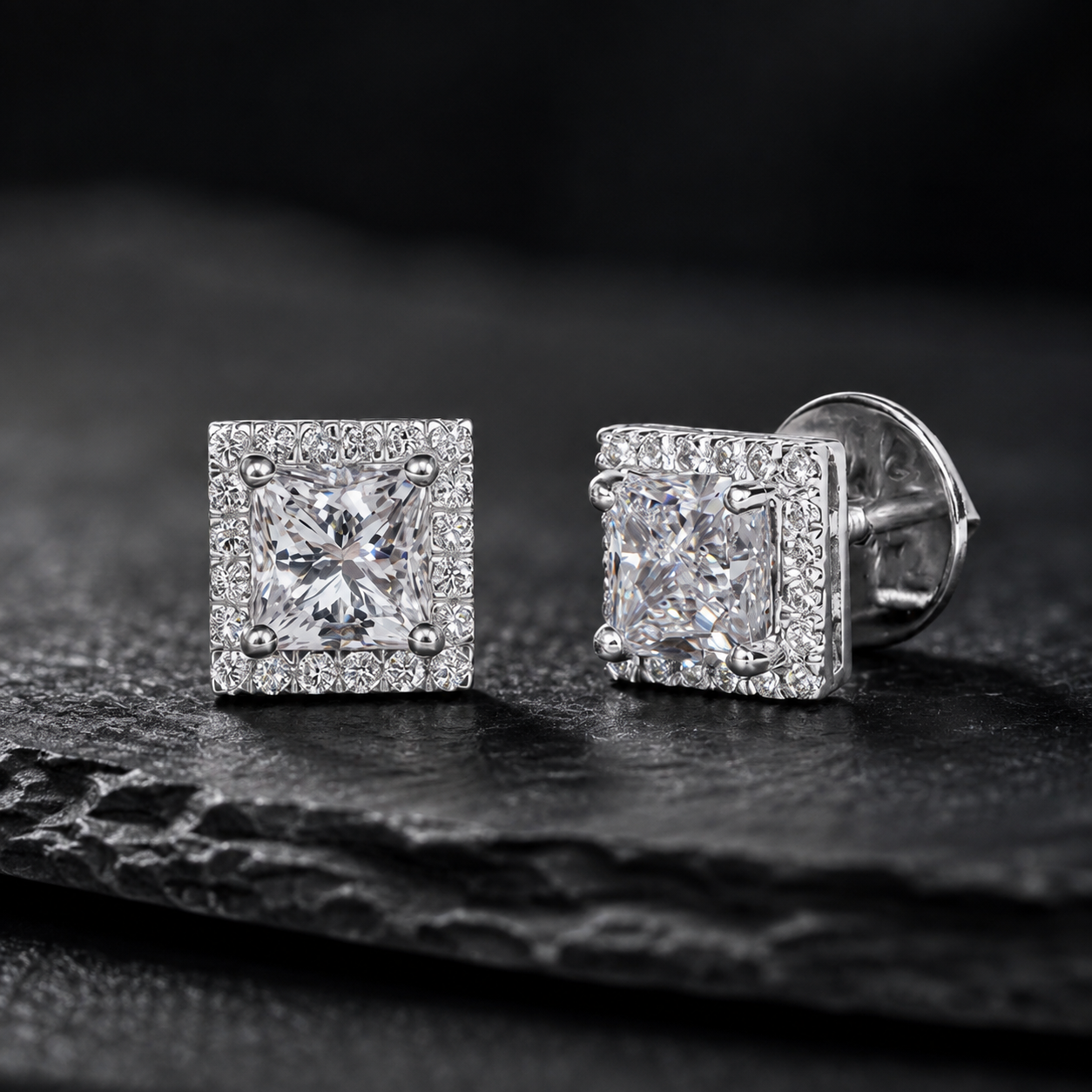 VVS Princess Cut Moissanite Halo Stud Earrings in 925 Sterling Silver
