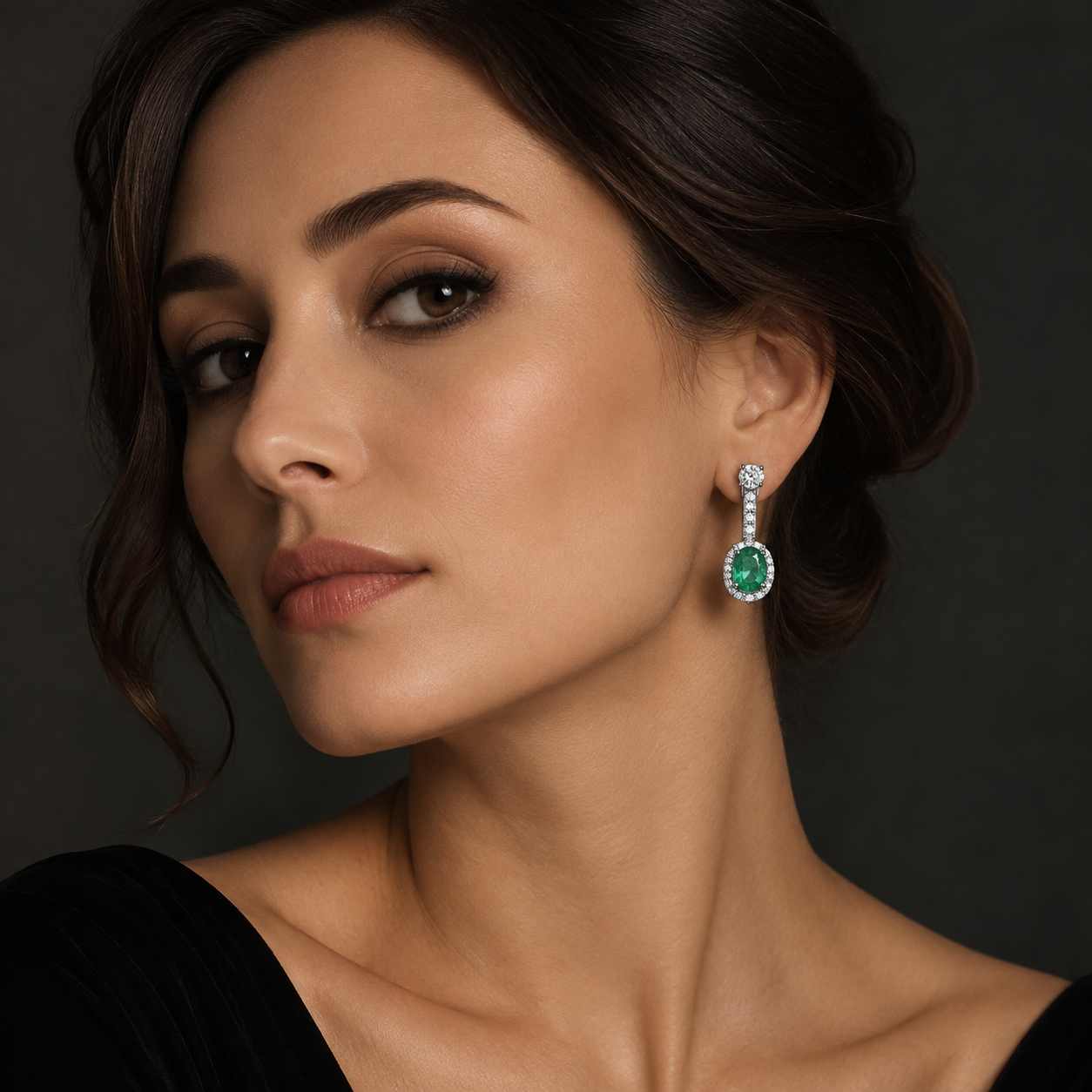 Woman Wearing Green Stone Moissanite Dangle Earrings