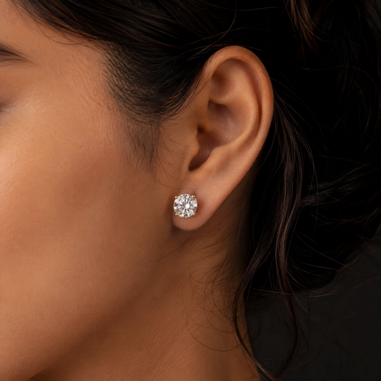 Woman Wearing VVS Moissanite Round Cut Stud Earrings