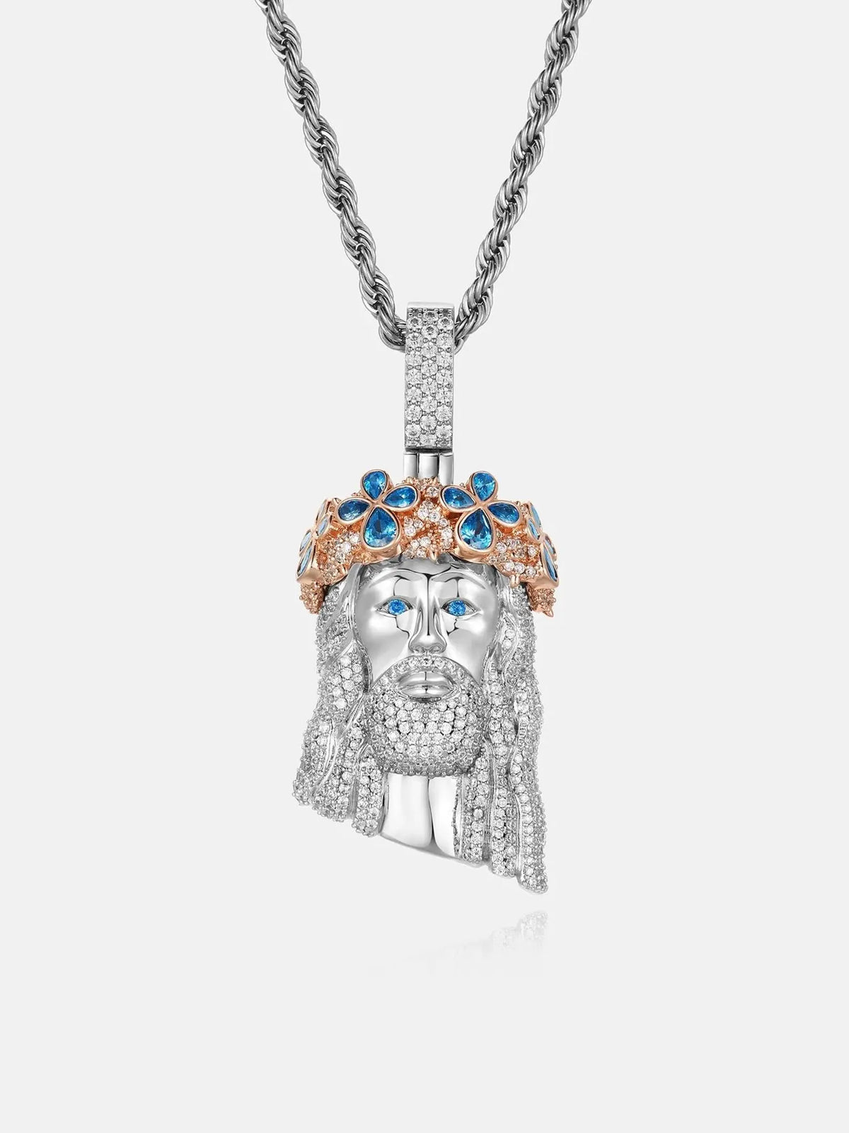 Iced Out Jesus Face Pendant | Blue Topaz Crown, Moissanite Diamond | 925 Sterling Silver | ONYX RATAN