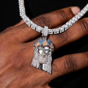 Iced Out Jesus Face Pendant | Blue Topaz Crown, Moissanite Diamond | 925 Sterling Silver | ONYX RATAN