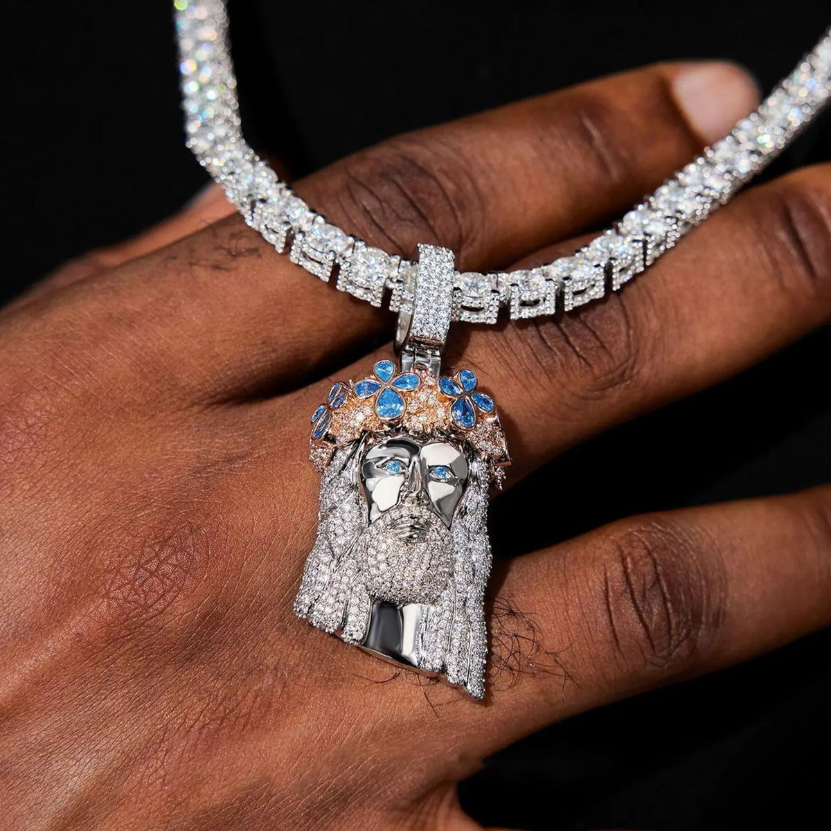 Iced Out Jesus Face Pendant | Blue Topaz Crown, Moissanite Diamond | 925 Sterling Silver | ONYX RATAN
