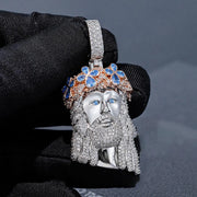Iced Out Jesus Face Pendant | Blue Topaz Crown, Moissanite Diamond | 925 Sterling Silver | ONYX RATAN