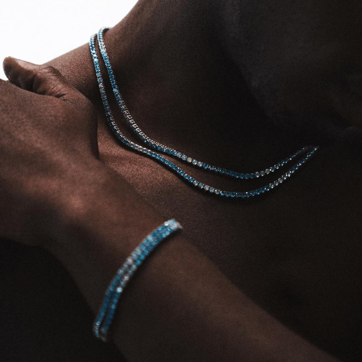 Blue Moissanite Iced Out Tennis Chain | 925 Sterling Silver Hip Hop Necklace | 22 Inch, 2.5mm | ONYX RATAN